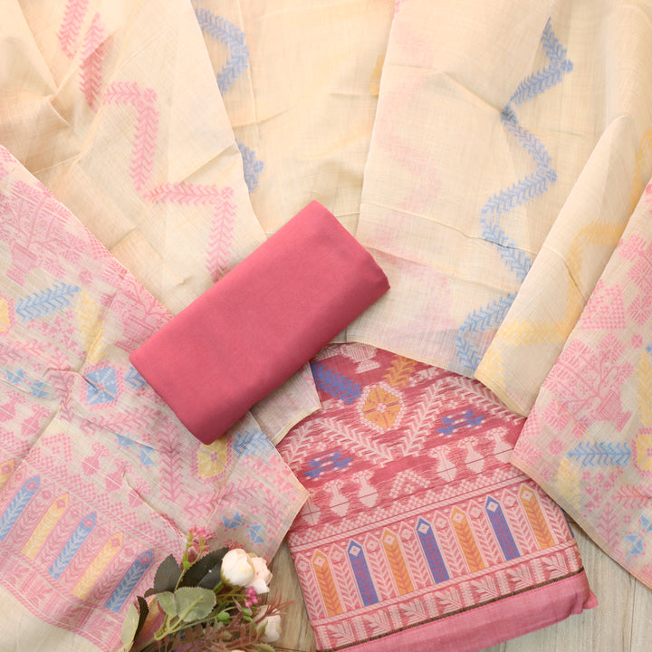 Surya Rouge Pink Authentic Jamdani Weaved with Zari Detailing Suit Set
