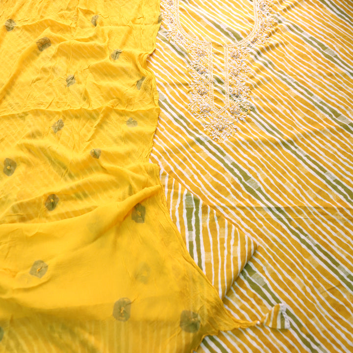 Leher Sunflower Yellow Embellished Neck Work Leheriya Cotton Set