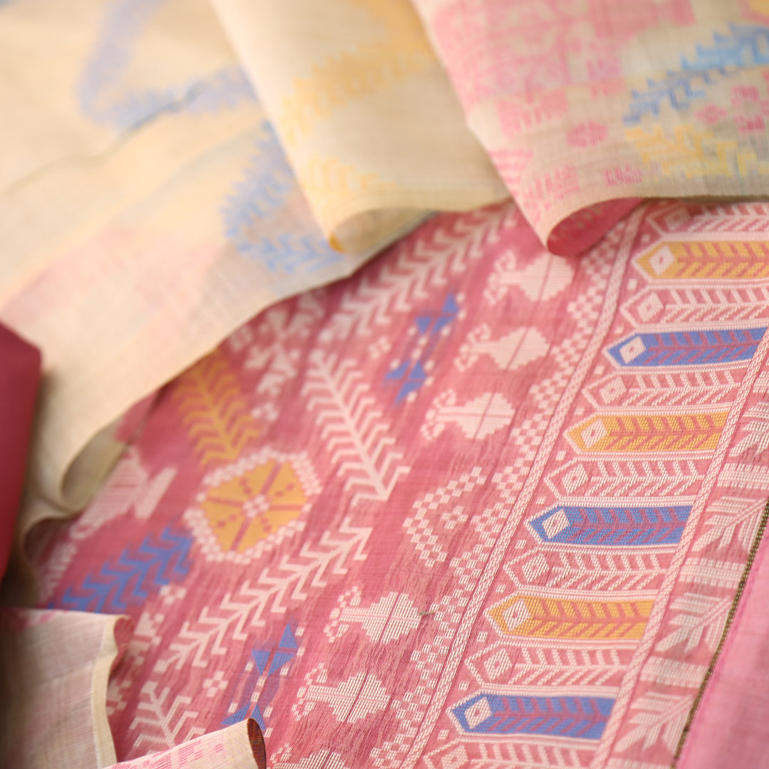 Surya Rouge Pink Authentic Jamdani Weaved with Zari Detailing Suit Set