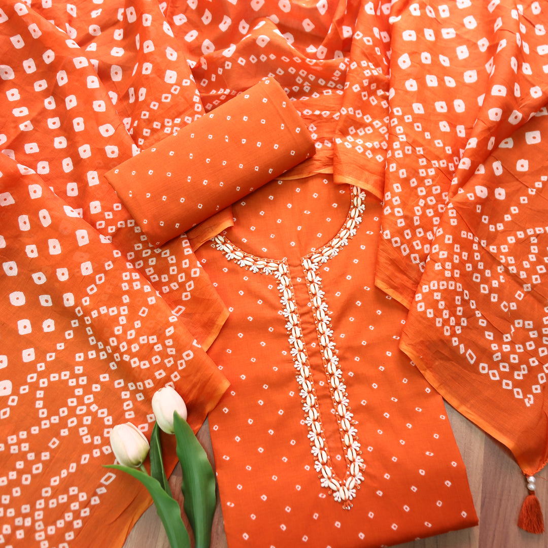 Salaari Rust Orange Shell Neck Work Bandhani Printed Cotton Set