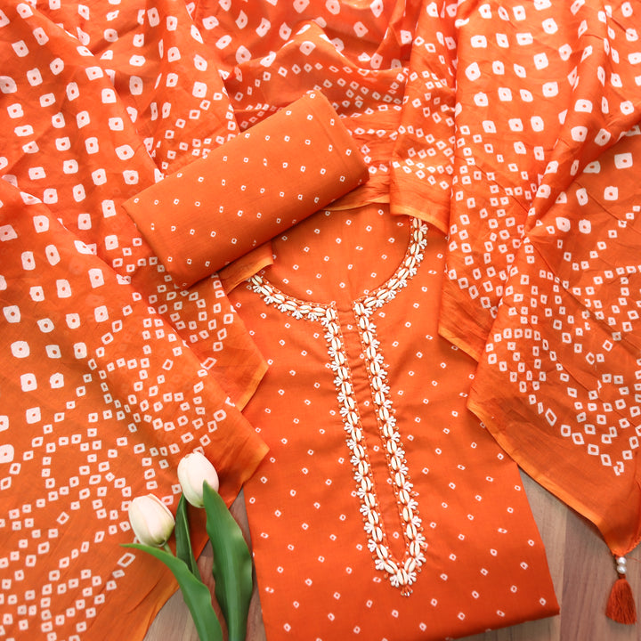 Salaari Rust Orange Shell Neck Work Bandhani Printed Cotton Set