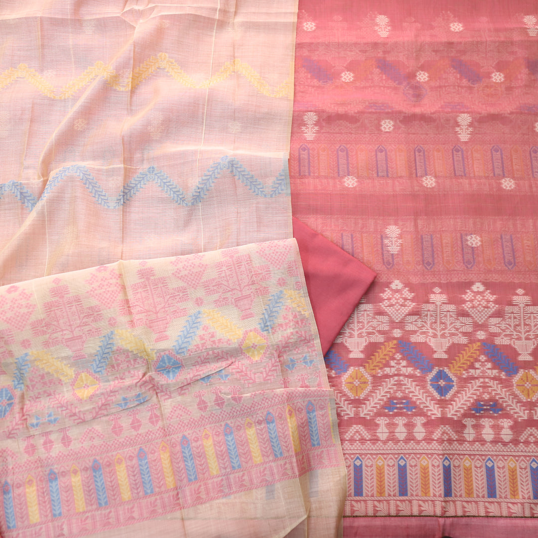 Surya Rouge Pink Authentic Jamdani Weaved with Zari Detailing Suit Set