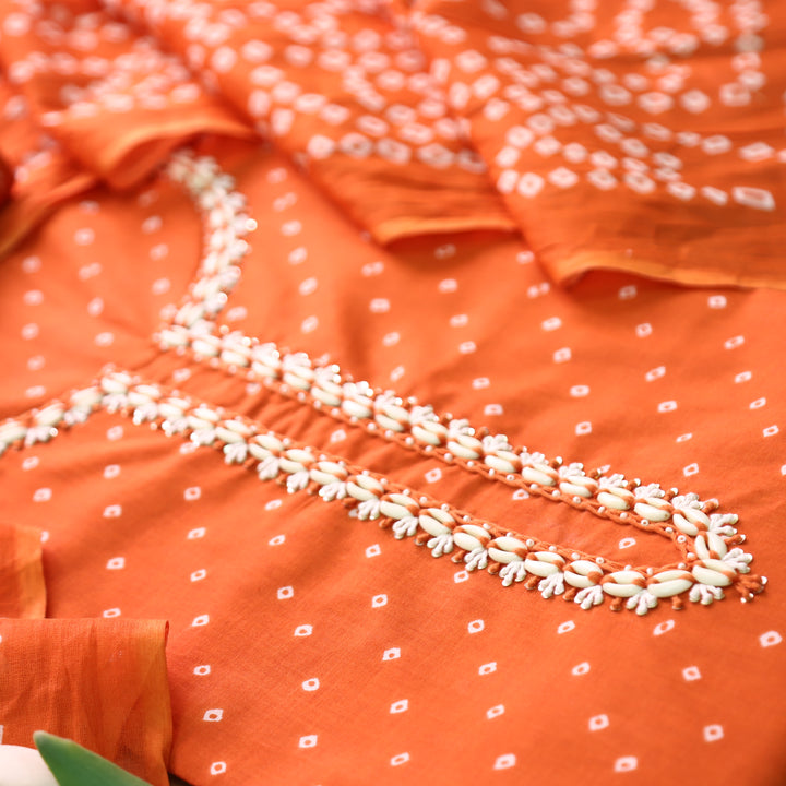 Salaari Rust Orange Shell Neck Work Bandhani Printed Cotton Set