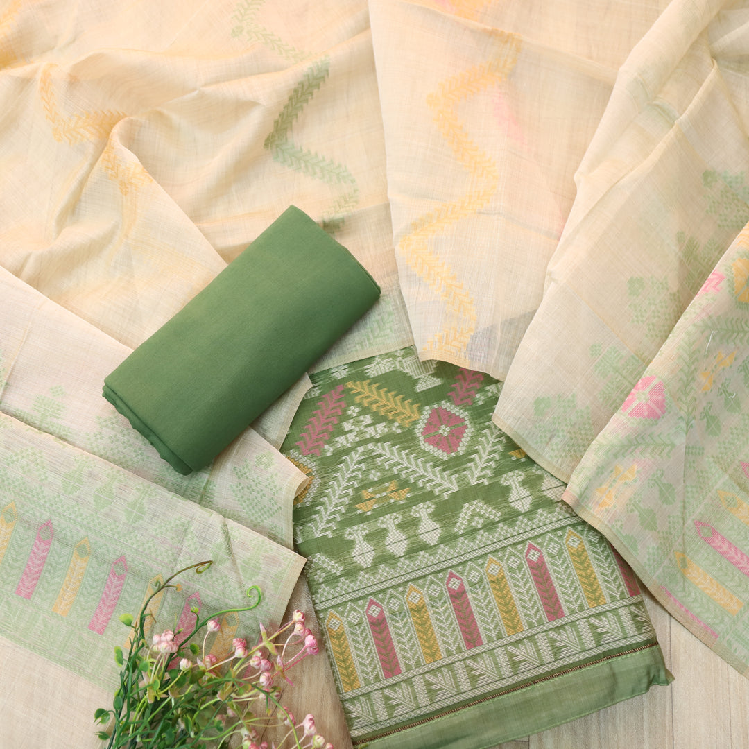 Surya Grass Green Authentic Jamdani Weaved with Zari Detailing Suit Set