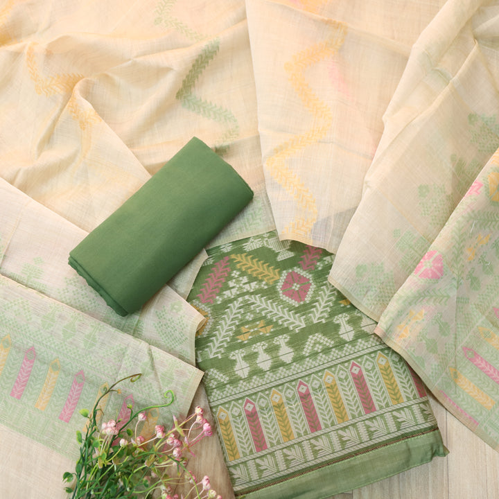 Surya Grass Green Authentic Jamdani Weaved with Zari Detailing Suit Set