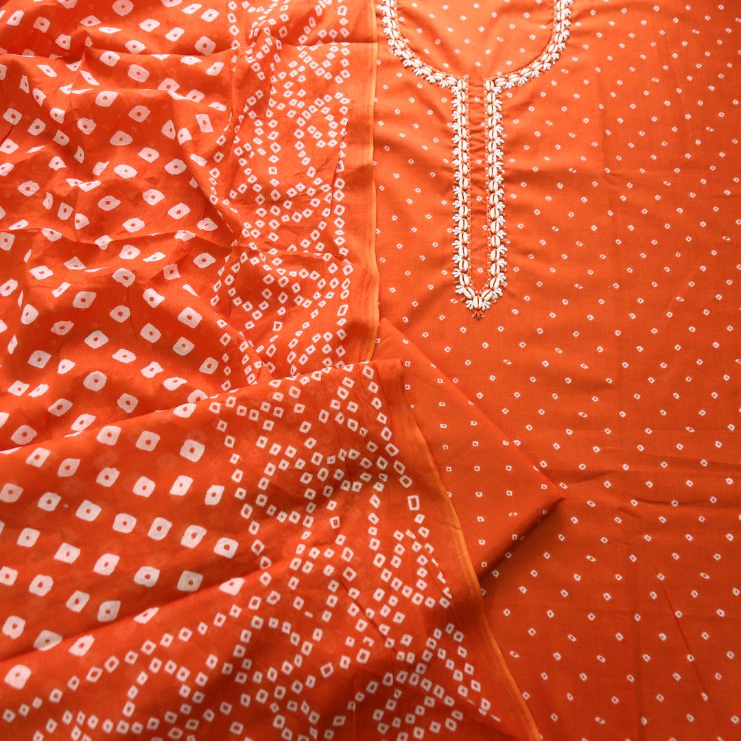 Salaari Rust Orange Shell Neck Work Bandhani Printed Cotton Set