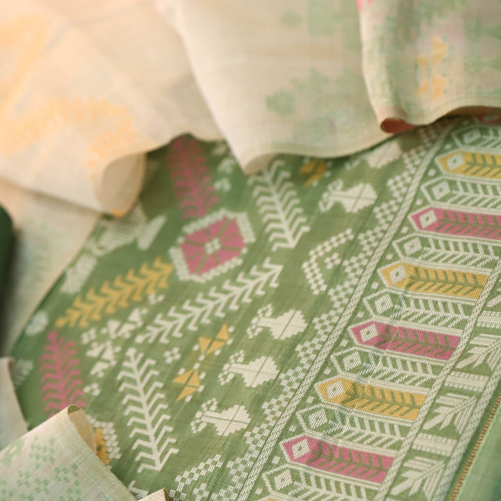 Surya Grass Green Authentic Jamdani Weaved with Zari Detailing Suit Set