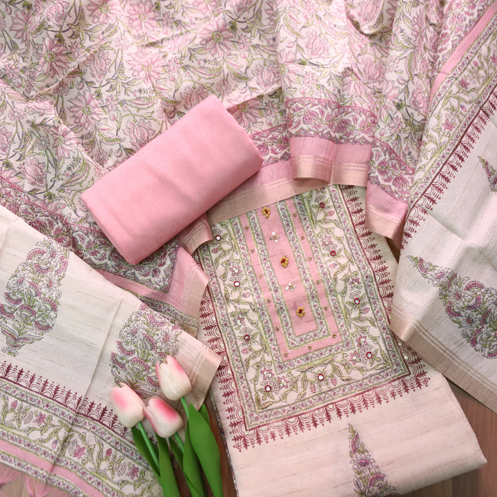 Ruaa Cream with Pink Patra Work Block Printed Print Tussar Chanderi Set
