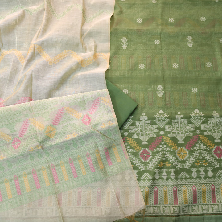 Surya Grass Green Authentic Jamdani Weaved with Zari Detailing Suit Set
