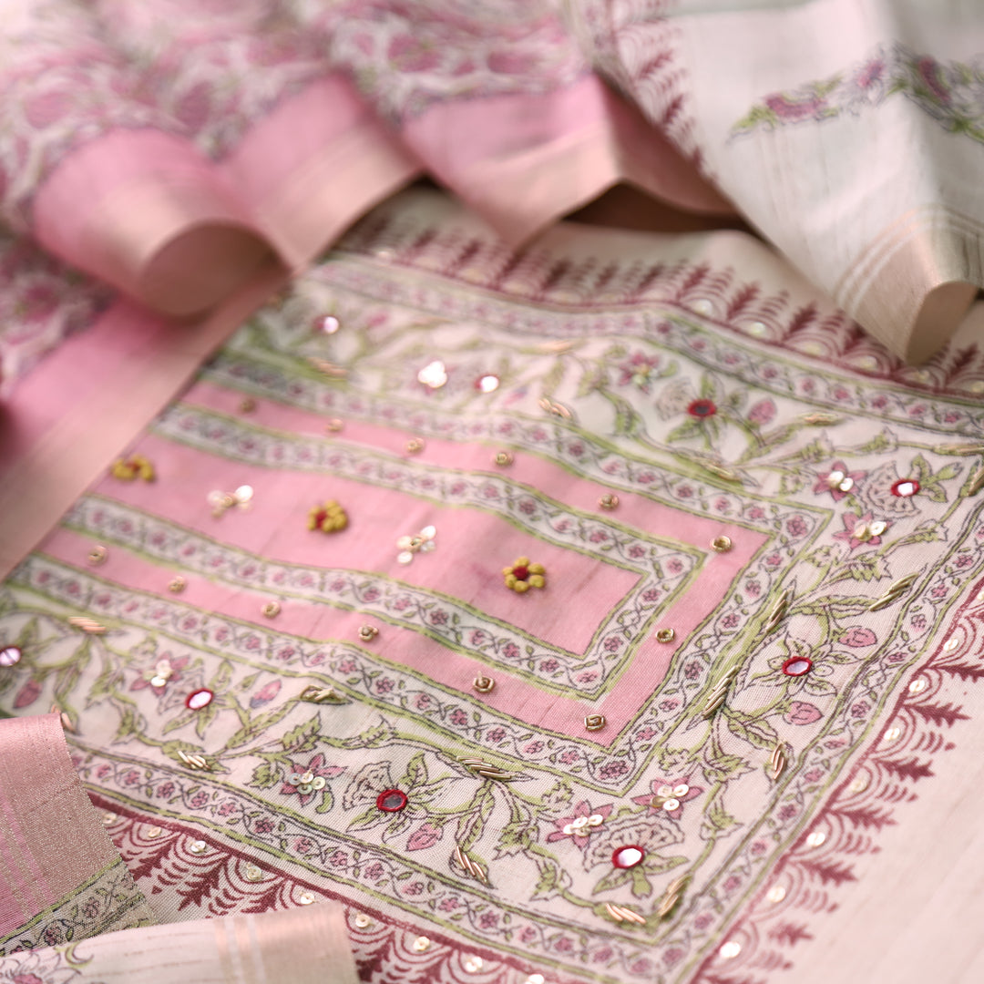 Ruaa Cream with Pink Patra Work Block Printed Print Tussar Chanderi Set