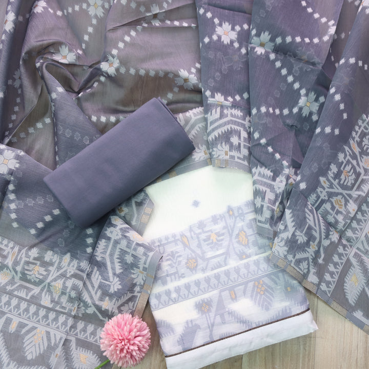 Surya White with Grey Authentic Jamdani Weaved Detailing Suit Set