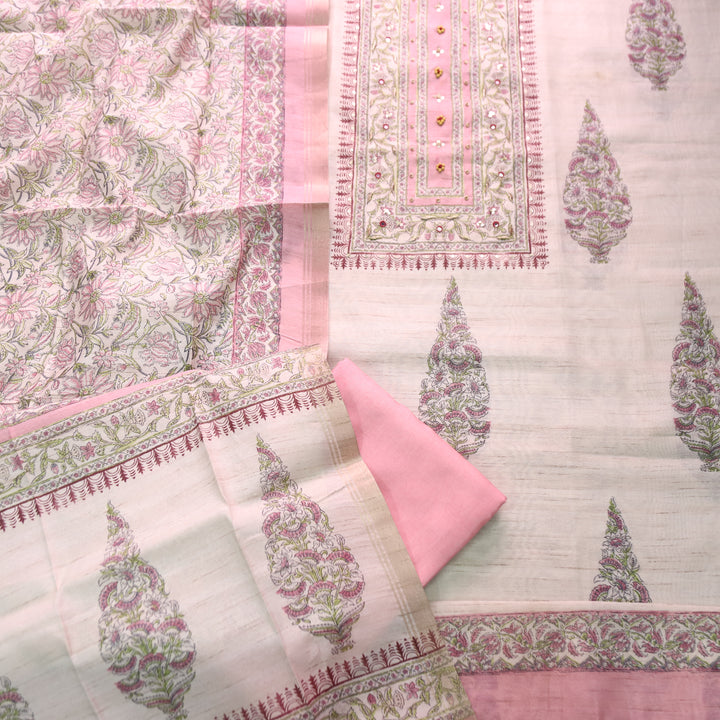 Ruaa Cream with Pink Patra Work Block Printed Print Tussar Chanderi Set