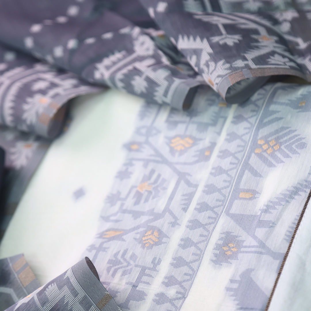 Surya White with Grey Authentic Jamdani Weaved Detailing Suit Set