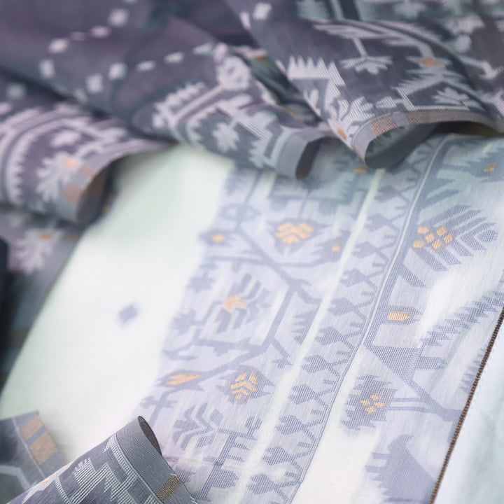 Surya White with Grey Authentic Jamdani Weaved Detailing Suit Set