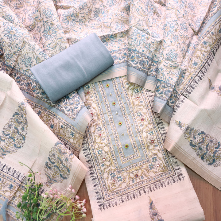 Ruaa Cream with Grey Patra Work Block Printed Print Tussar Chanderi Set