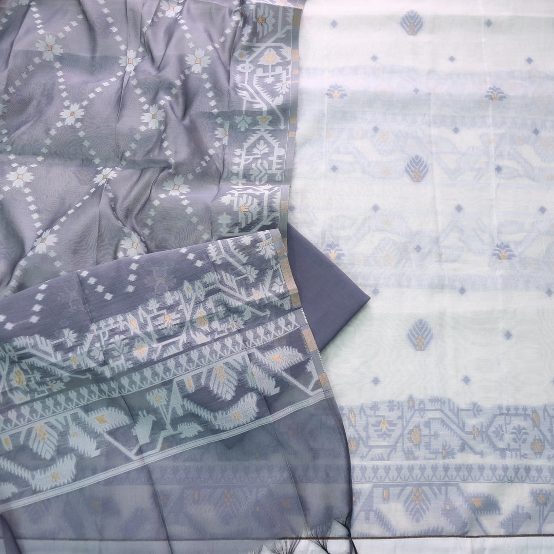 Surya White with Grey Authentic Jamdani Weaved Detailing Suit Set