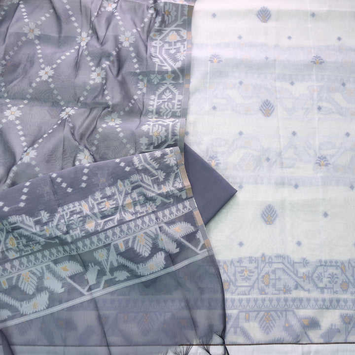 Surya White with Grey Authentic Jamdani Weaved Detailing Suit Set