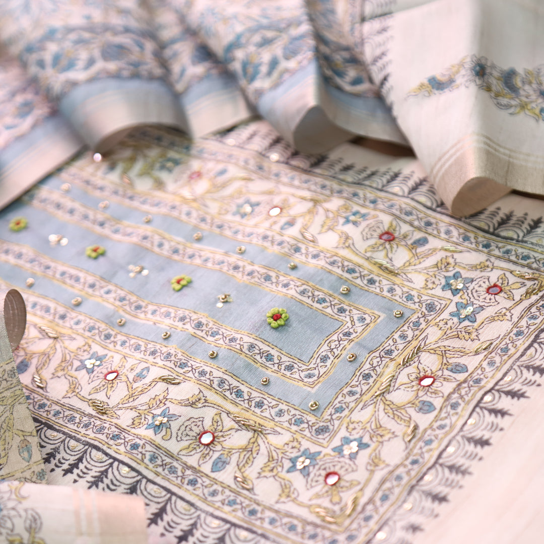 Ruaa Cream with Grey Patra Work Block Printed Print Tussar Chanderi Set