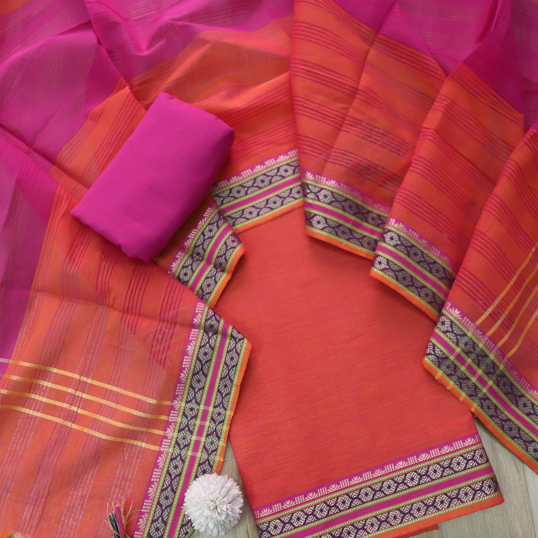 Sanskruti Tangerine Pink Mangalgiri Hem in South Cotton Suit Set