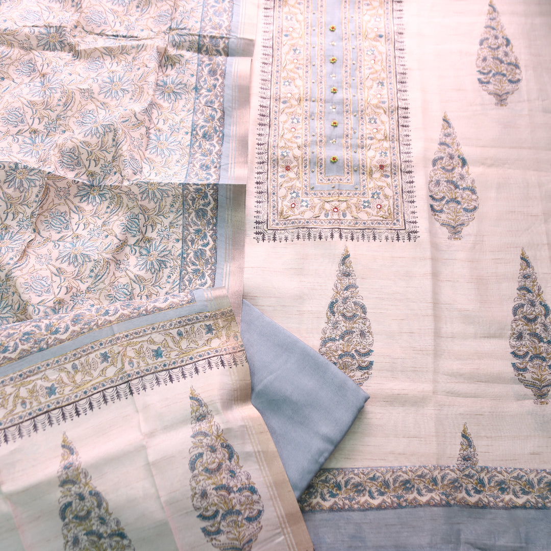 Ruaa Cream with Grey Patra Work Block Printed Print Tussar Chanderi Set