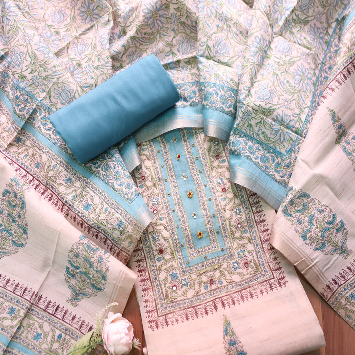 Ruaa Cream with Ice Blue Patra Work Block Printed Print Tussar Chanderi Set
