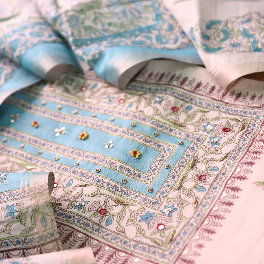 Ruaa Cream with Ice Blue Patra Work Block Printed Print Tussar Chanderi Set