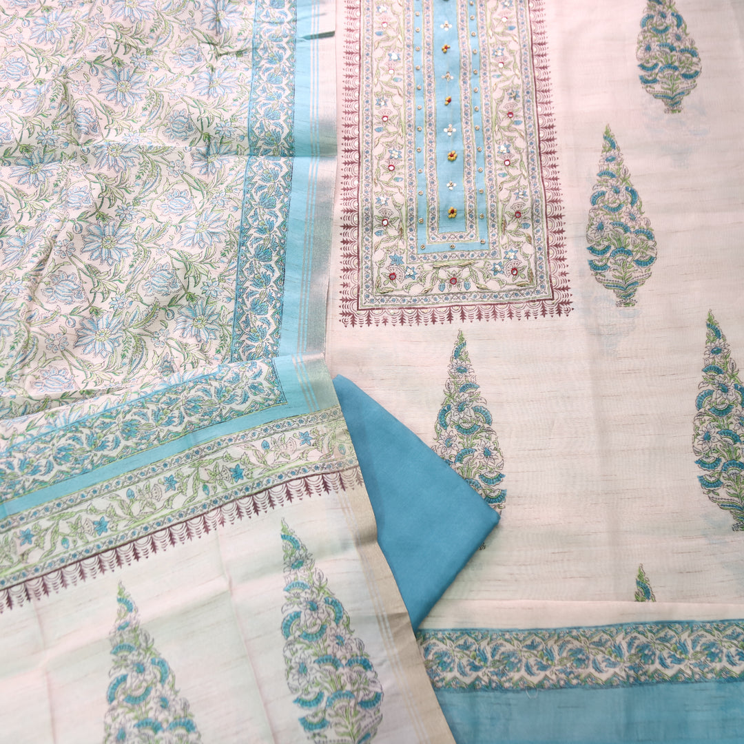 Ruaa Cream with Ice Blue Patra Work Block Printed Print Tussar Chanderi Set