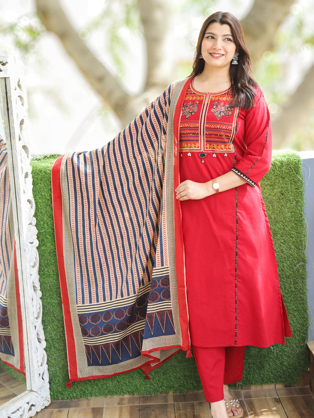 Jennie Bride Red Embroidered Cotton 3 Piece Set