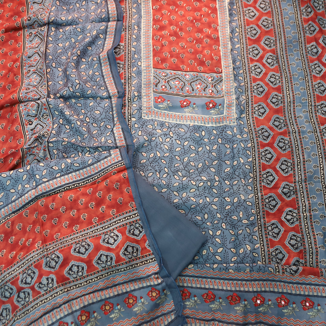 Newari Prussian Blue Patra Work in Panel Ajrak Printed Muslin Set