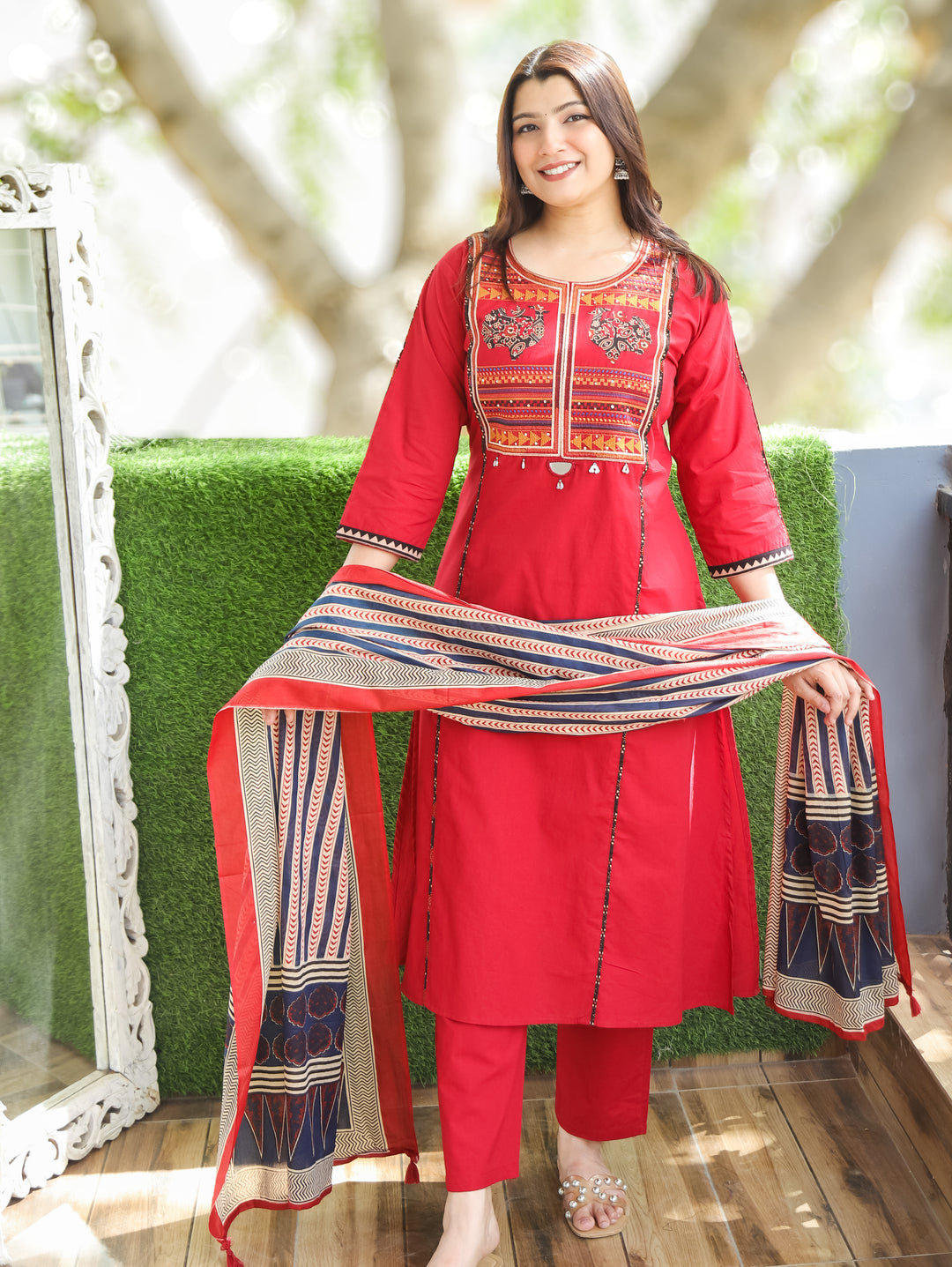 Jennie Bride Red Embroidered Cotton 3 Piece Set