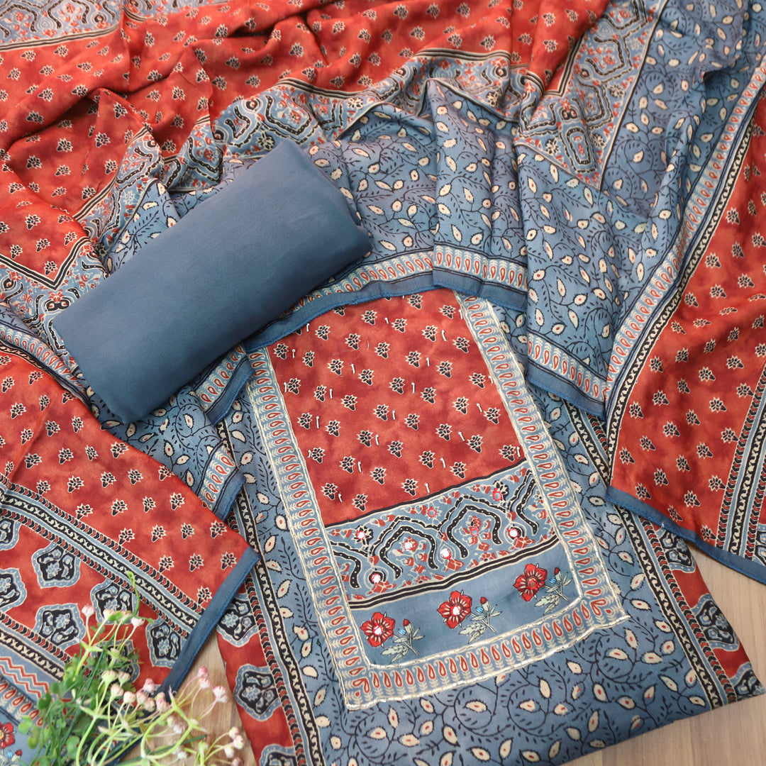Newari Prussian Blue Patra Work in Panel Ajrak Printed Muslin Set