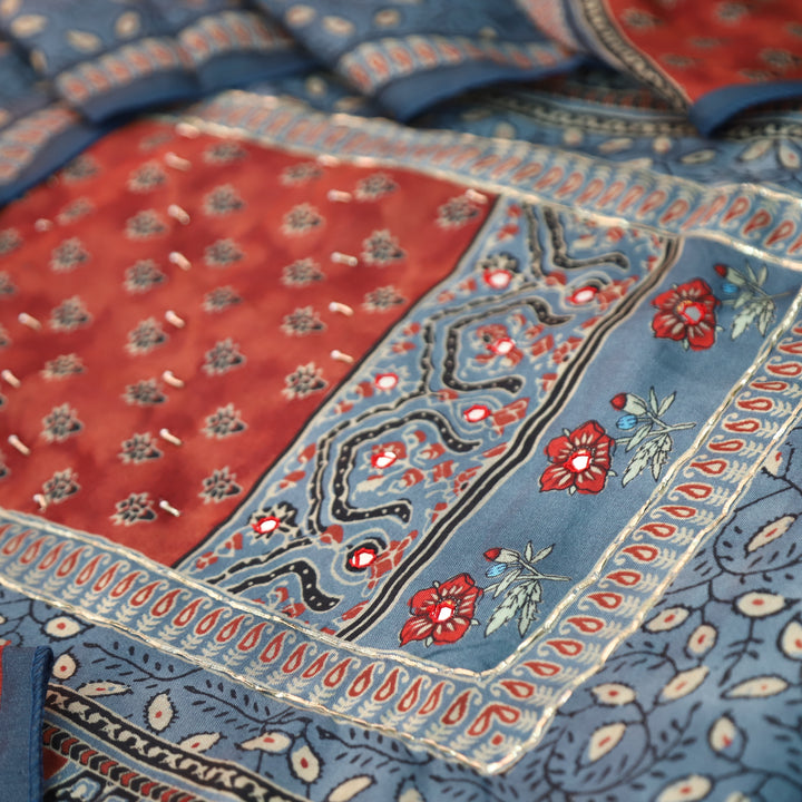 Newari Prussian Blue Patra Work in Panel Ajrak Printed Muslin Set