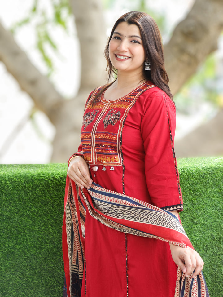 Jennie Bride Red Embroidered Cotton 3 Piece Set