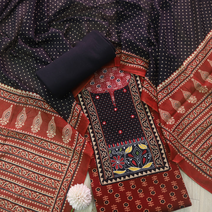 Sulari Marron Red Ajrak Printed Kutch Patch Neck Cotton Suit Set