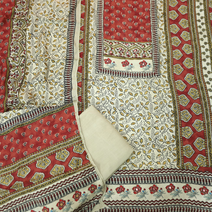 Newari Sand Beige Patra Work in Panel Ajrak Printed Muslin Set