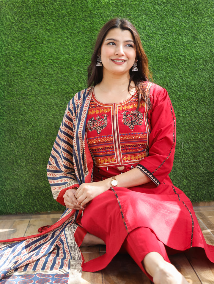 Jennie Bride Red Embroidered Cotton 3 Piece Set