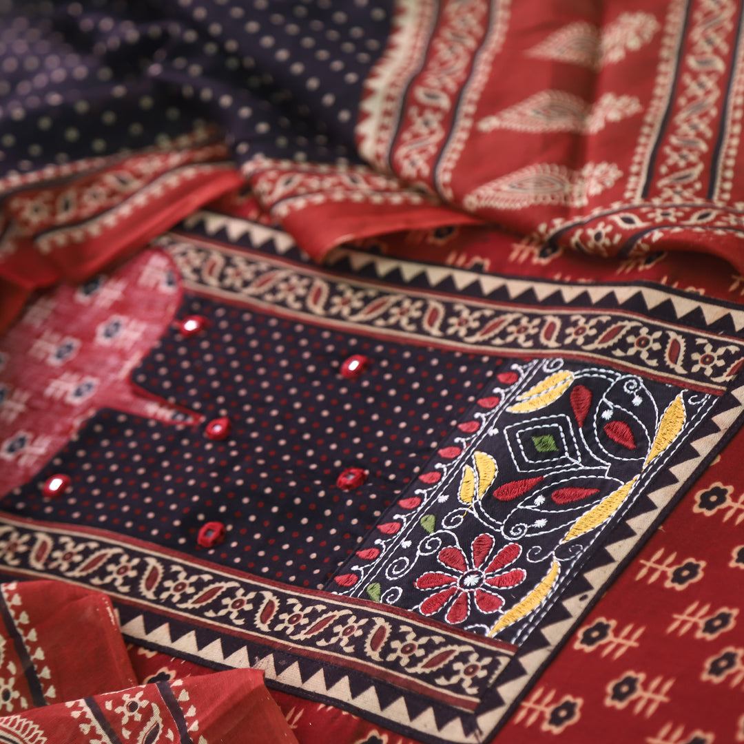 Sulari Marron Red Ajrak Printed Kutch Patch Neck Cotton Suit Set
