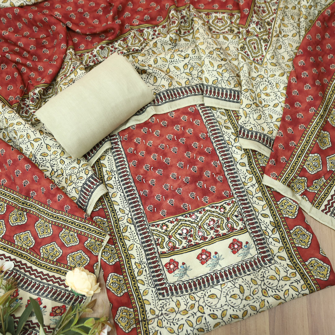 Newari Sand Beige Patra Work in Panel Ajrak Printed Muslin Set