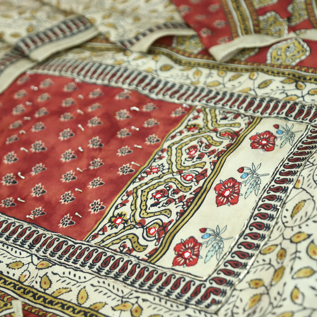Newari Sand Beige Patra Work in Panel Ajrak Printed Muslin Set