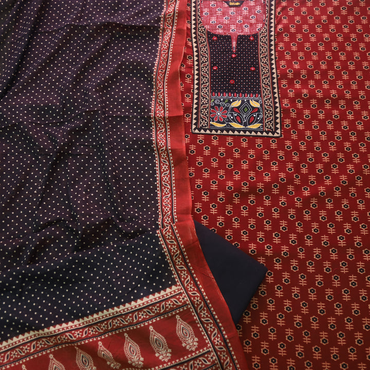Sulari Marron Red Ajrak Printed Kutch Patch Neck Cotton Suit Set