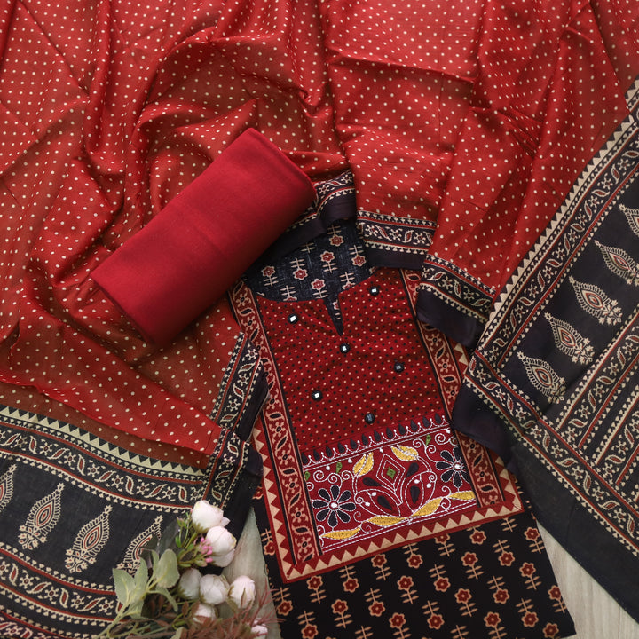 Sulari Raven Black Ajrak Printed Kutch Patch Neck Cotton Suit Set
