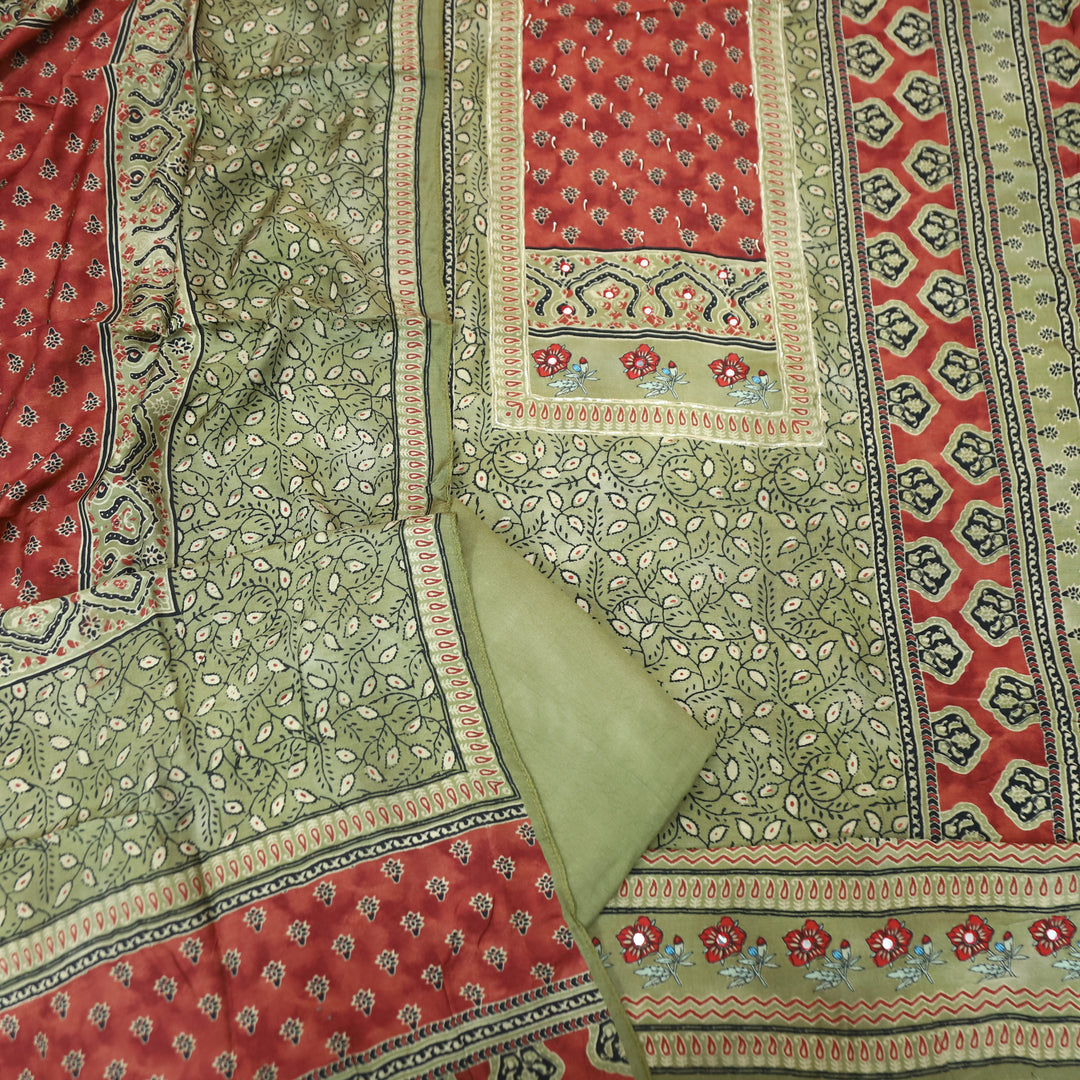 Newari Fern Green Patra Work in Panel Ajrak Printed Muslin Set