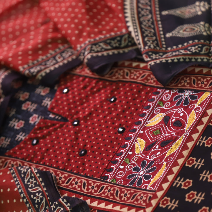 Sulari Raven Black Ajrak Printed Kutch Patch Neck Cotton Suit Set