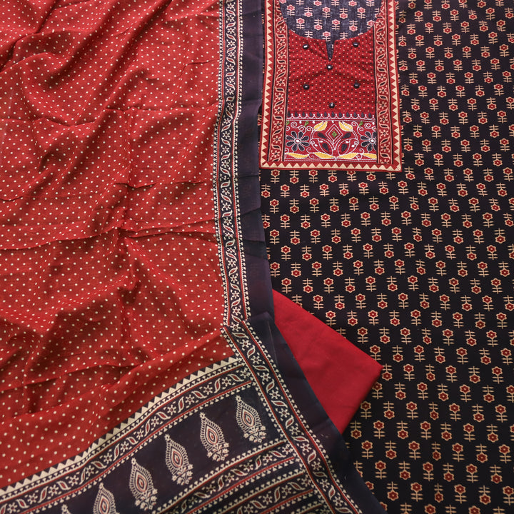 Sulari Raven Black Ajrak Printed Kutch Patch Neck Cotton Suit Set