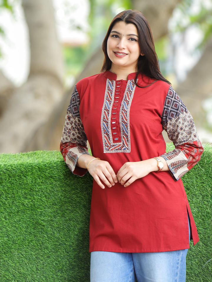Belly Red Ajrakh Cotton Short Kurti