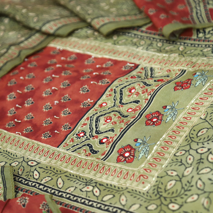 Newari Fern Green Patra Work in Panel Ajrak Printed Muslin Set