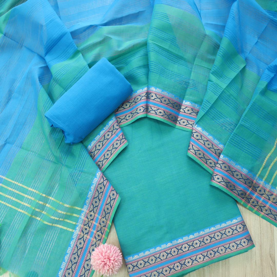 Sanskruti Ocean Cyan Mangalgiri Hem in South Cotton Suit Set