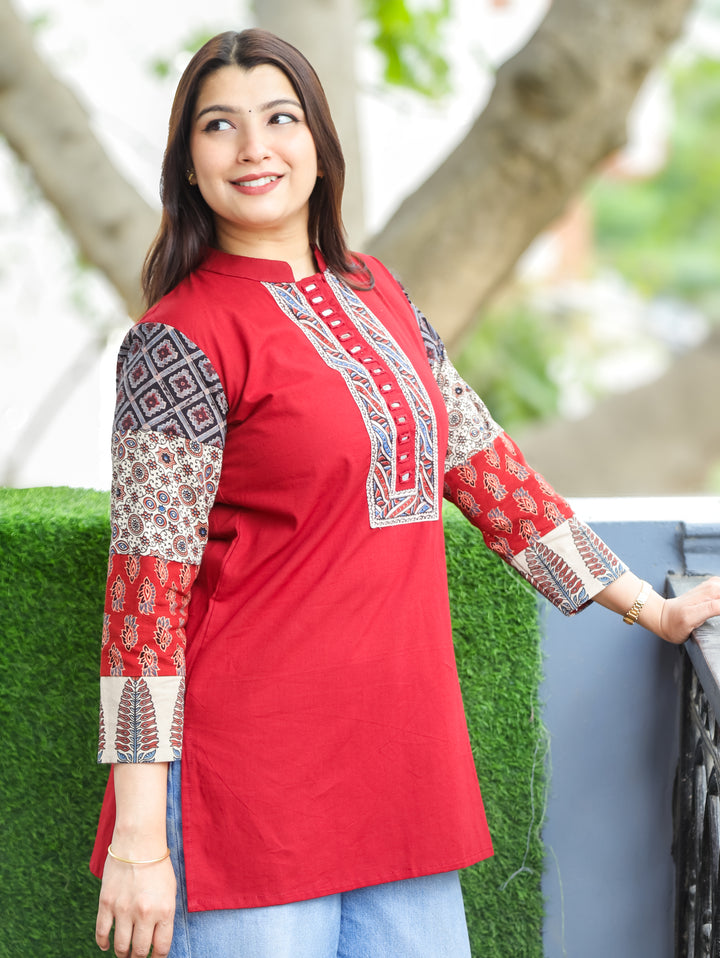 Belly Red Ajrakh Cotton Short Kurti