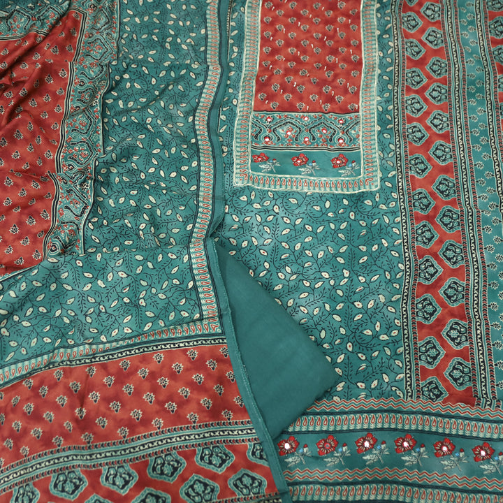 Newari Ocean Teal Patra Work in Panel Ajrak Printed Muslin Set