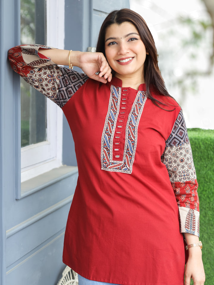 Belly Red Ajrakh Cotton Short Kurti